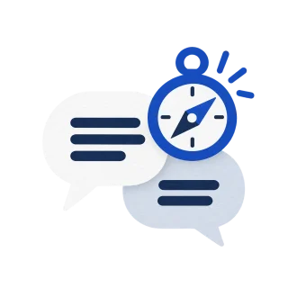 Conversation bubbles and a compass representing buyer questions